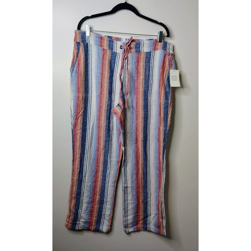NWT Per Se Linen Blend Wide Leg Pants XL Ombre Stripe Drawstring Beach Resort